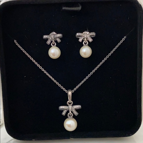 Pandora Necklace Bow Pearl Earring Set 